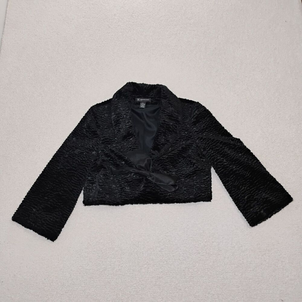Black Faux Fur Cropped Evening Jacket Shrug Whimsygoth Rock Glam Classic Sz P